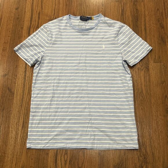Polo Ralph Lauren Tee Shirt Mens Large Custom Slim Fit Blue White Striped Cotton - Picture 1 of 6